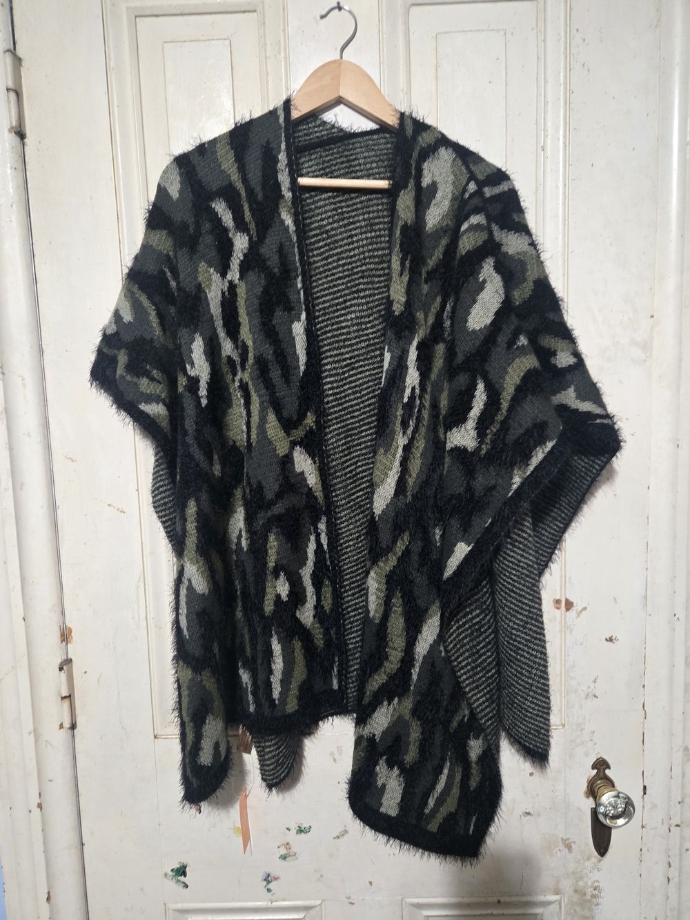 One Size Ruana Open Front Green Black Gray Streetwear Camo Women's Sweater Wrap